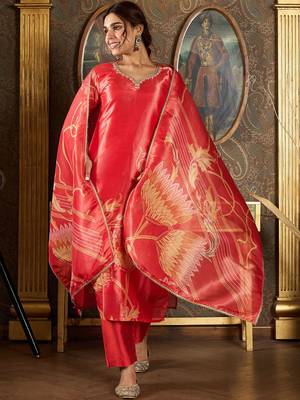 Floral Printed V-Neck Sequinned Straight Kurta With Trousers And Dupatta 7