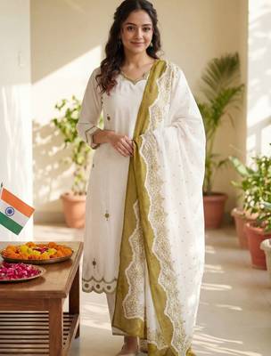 Floral Embroidered Sequinned Pure Cotton Kurta with Trousers & Dupatta 1