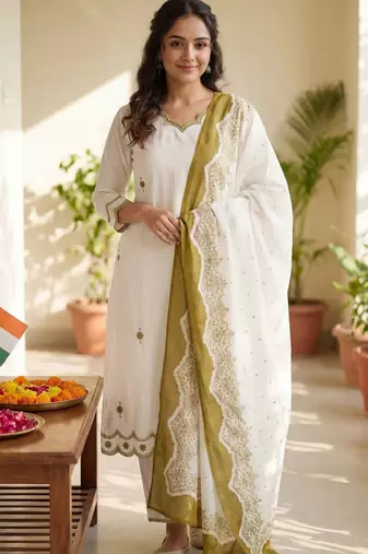Floral Embroidered Sequinned Pure Cotton Kurta with Trousers & Dupatta