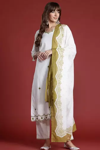 Floral Embroidered Sequinned Pure Cotton Kurta with Trousers & Dupatta