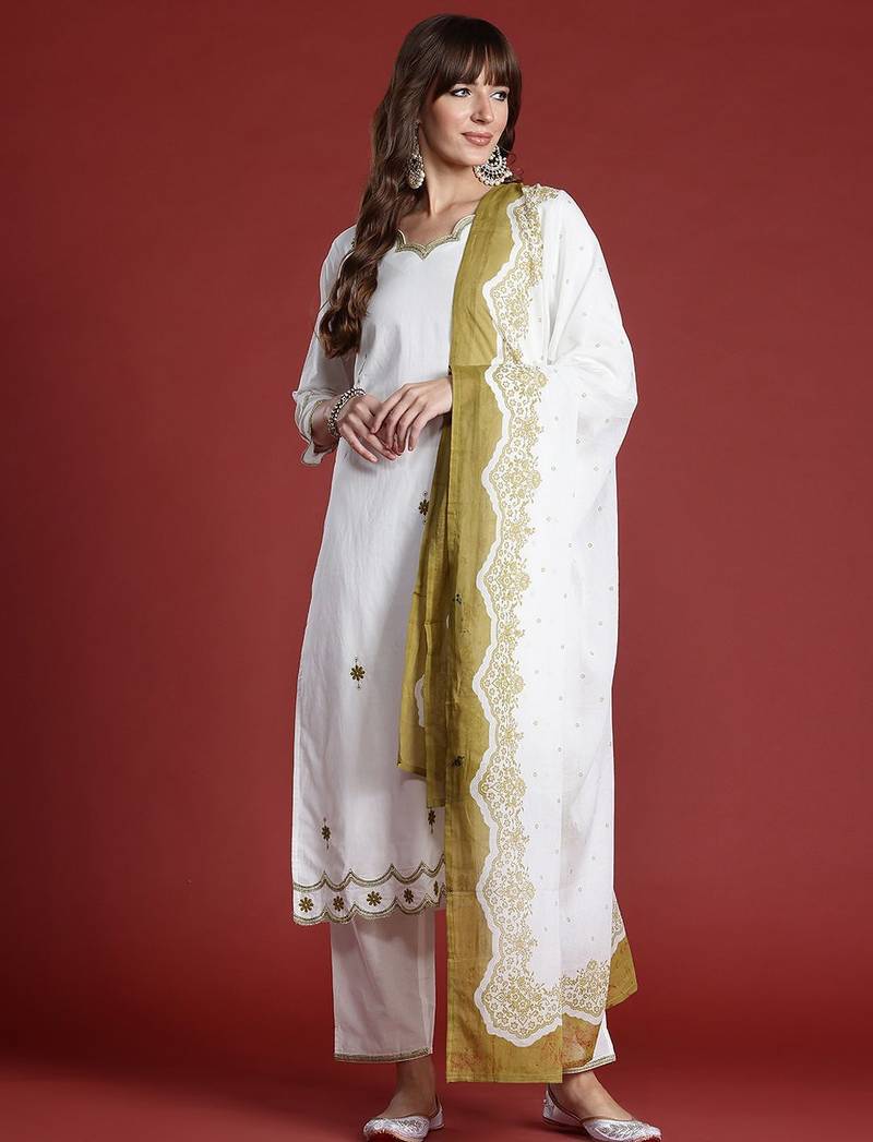 Floral Embroidered Sequinned Pure Cotton Kurta with Trousers & Dupatta