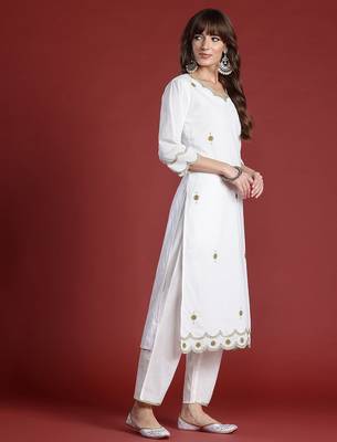 Floral Embroidered Sequinned Pure Cotton Kurta with Trousers & Dupatta 6