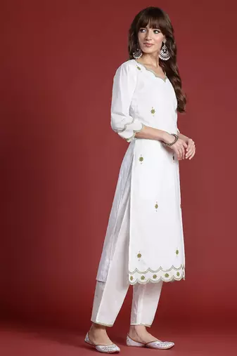 Floral Embroidered Sequinned Pure Cotton Kurta with Trousers & Dupatta
