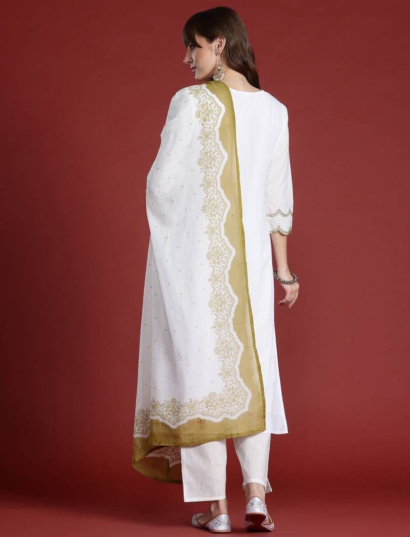 Floral Embroidered Sequinned Pure Cotton Kurta with Trousers & Dupatta