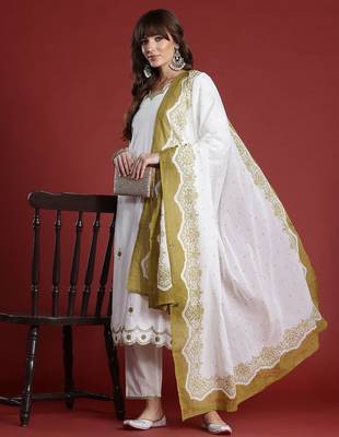 Floral Embroidered Sequinned Pure Cotton Kurta with Trousers & Dupatta 8