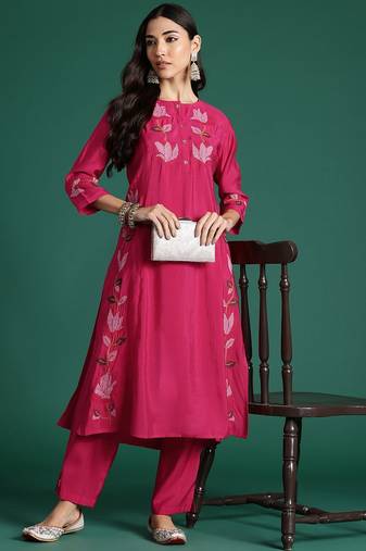 Floral Embroidered Thread Work Pure Cotton Kurta with Trousers