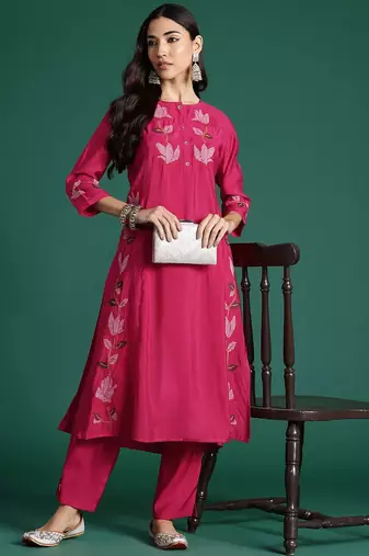 Floral Embroidered Thread Work Pure Cotton Kurta with Trousers