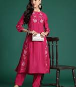 Floral Embroidered Thread Work Pure Cotton Kurta with Trousers