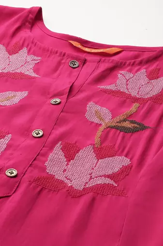 Floral Embroidered Thread Work Pure Cotton Kurta with Trousers