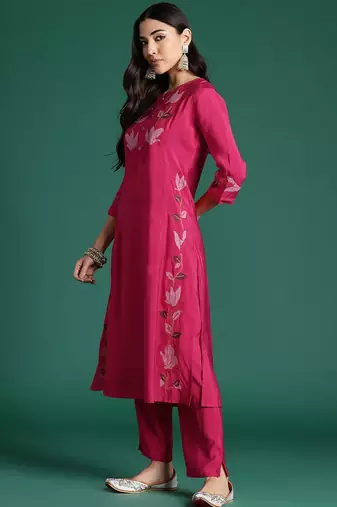 Floral Embroidered Thread Work Pure Cotton Kurta with Trousers