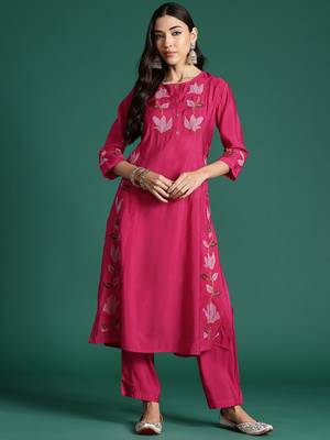 Floral Embroidered Thread Work Pure Cotton Kurta with Trousers 6
