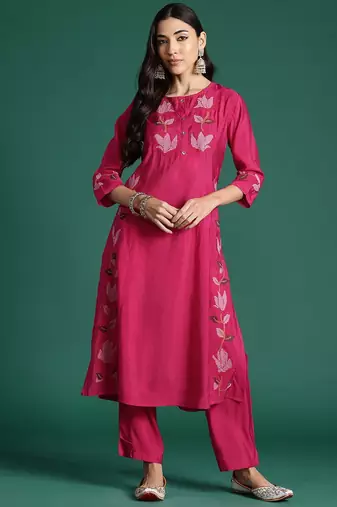 Floral Embroidered Thread Work Pure Cotton Kurta with Trousers