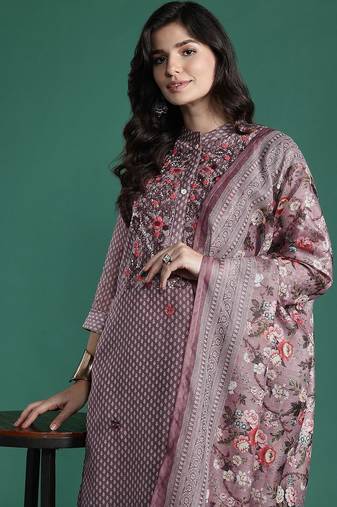 Floral Printed Thread Work Chanderi Silk Kurta with Trousers & With Dupatta