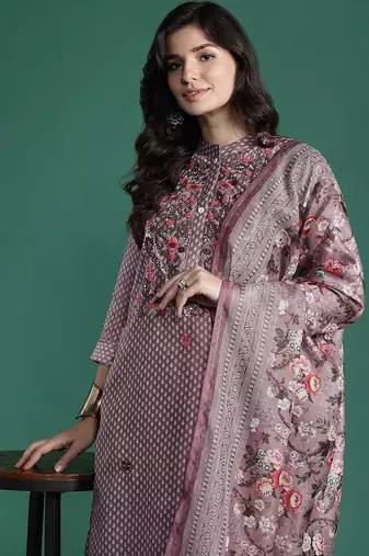 Floral Printed Thread Work Chanderi Silk Kurta with Trousers & With Dupatta