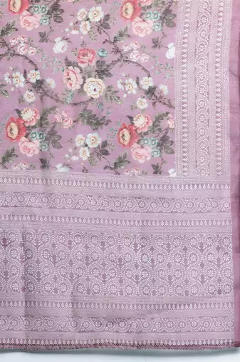 Floral Printed Thread Work Chanderi Silk Kurta with Trousers & With Dupatta