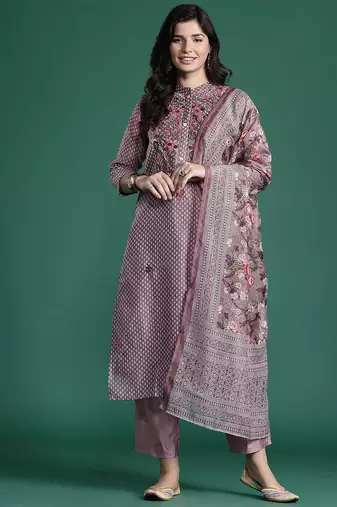 Floral Printed Thread Work Chanderi Silk Kurta with Trousers & With Dupatta