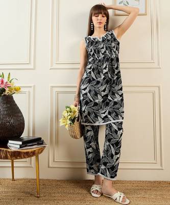 Floral Printed Notch Neck Pure Cotton A-Line Kurta With Trouser 1