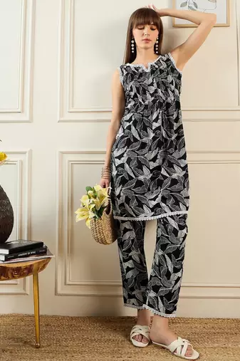 Floral Printed Notch Neck Pure Cotton A-Line Kurta With Trouser