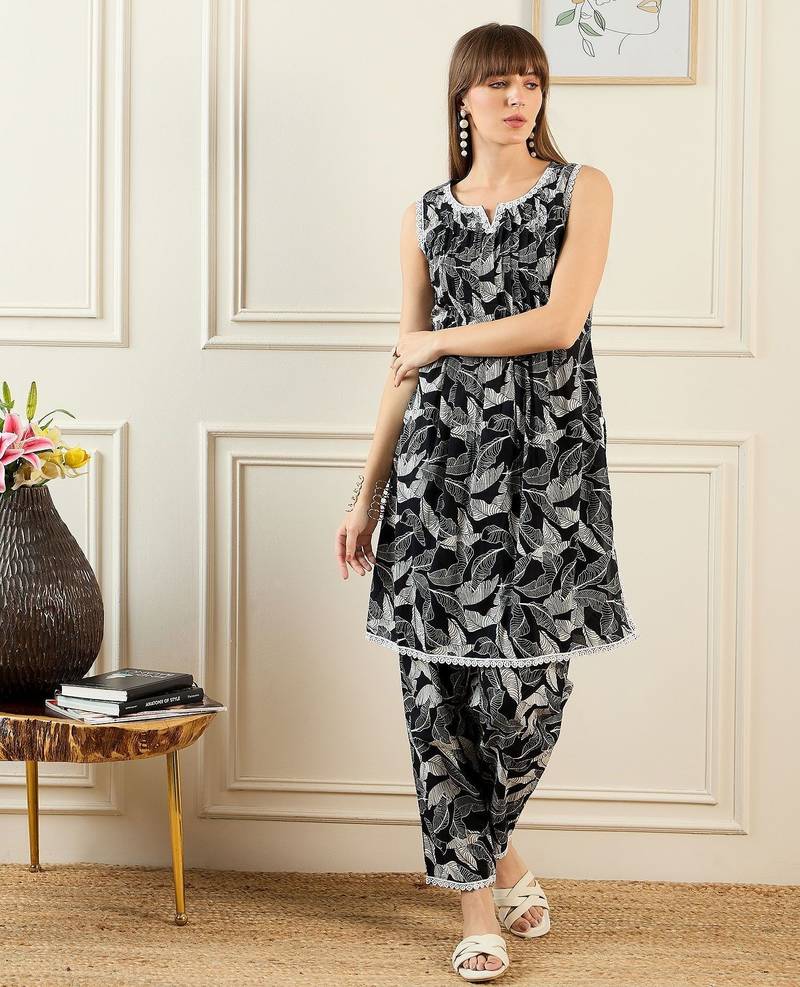 Floral Printed Notch Neck Pure Cotton A-Line Kurta With Trouser