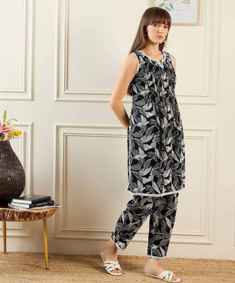 Floral Printed Notch Neck Pure Cotton A-Line Kurta With Trouser