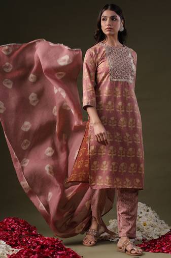 Floral Printed Regular Sequinned  Cotton Straight Kurta Set