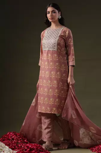 Floral Printed Regular Sequinned Pure Cotton Straight Kurta Set
