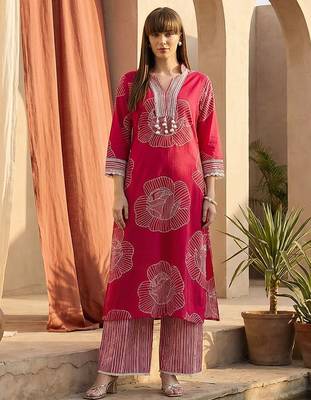 Women Floral Printed Regular Thread Work Pure Cotton Kurta with Palazzos 1
