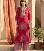 Women Floral Printed Regular Thread Work Pure Cotton Kurta with Palazzos