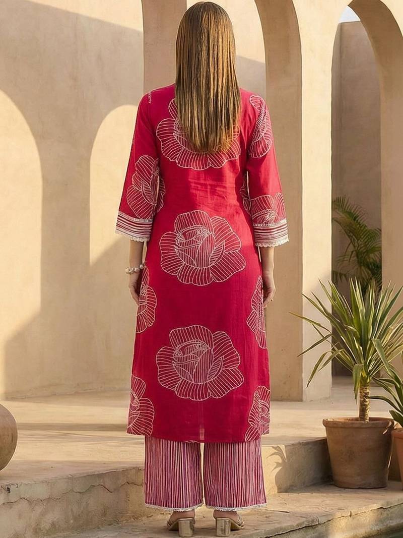 Women Floral Printed Regular Thread Work Pure Cotton Kurta with Palazzos