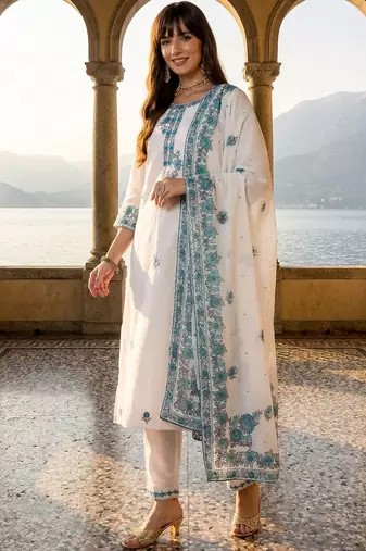 Women Ethnic Motifs Embroidered Regular Thread Work Pure Cotton Kurta with Trousers & With Dupatta