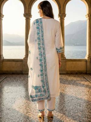 Women Ethnic Motifs Embroidered Regular Thread Work Pure Cotton Kurta with Trousers & With Dupatta 3