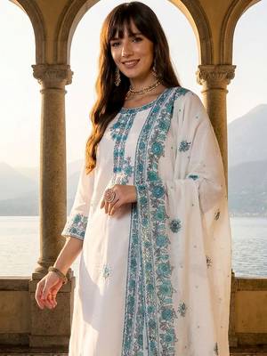 Women Ethnic Motifs Embroidered Regular Thread Work Pure Cotton Kurta with Trousers & With Dupatta 4