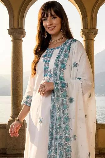 Women Ethnic Motifs Embroidered Regular Thread Work Pure Cotton Kurta with Trousers & With Dupatta