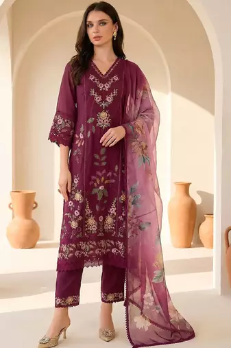 Floral Embroidered Thread Work Pure Silk Kurta With Trousers & Dupatta