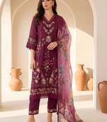 Floral Embroidered Thread Work Pure Silk Kurta With Trousers & Dupatta
