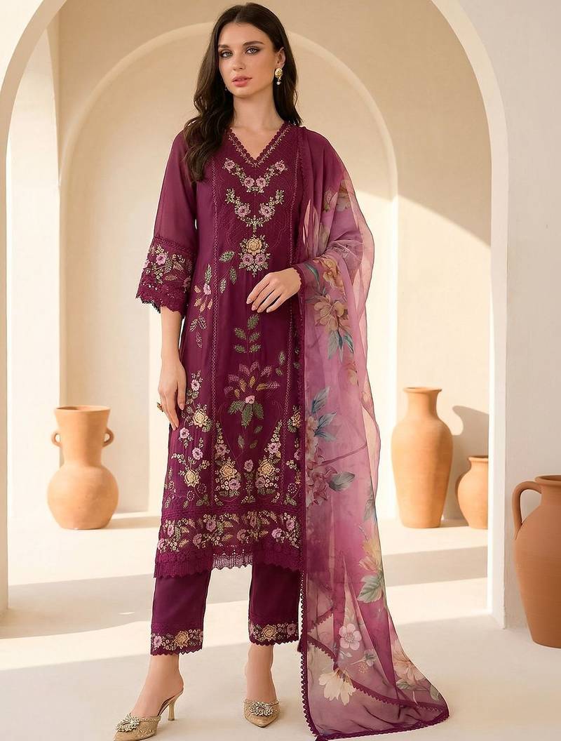 Floral Embroidered Thread Work Pure Silk Kurta With Trousers & Dupatta