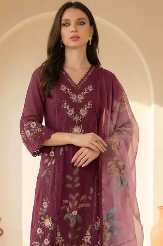 Floral Embroidered Thread Work Pure Silk Kurta With Trousers & Dupatta
