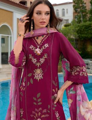 Floral Embroidered Thread Work Pure Silk Kurta With Trousers & Dupatta 5