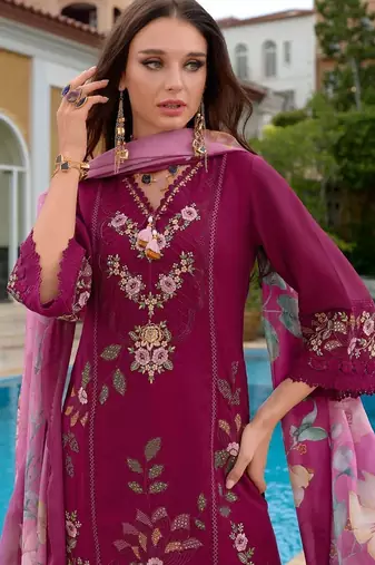 Floral Embroidered Thread Work Pure Silk Kurta With Trousers & Dupatta