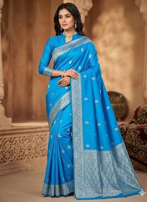 Skyblue color art silk blend sarees with blouse 1