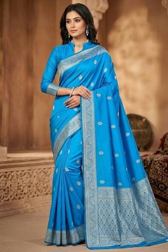 Skyblue color art silk blend sarees with blouse