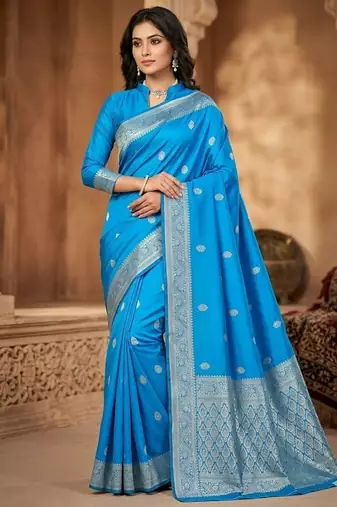 Skyblue color art silk blend sarees with blouse
