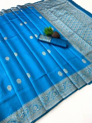 Skyblue color art silk blend sarees with blouse 3