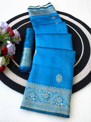 Skyblue color art silk blend sarees with blouse 4