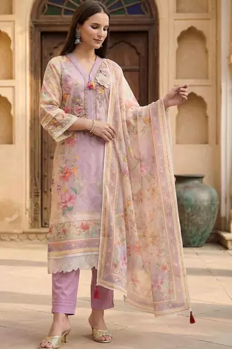 Women Floral Printed Regular Thread Work Linen Kurta with Trousers & With Dupatta