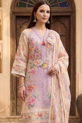 Women Floral Printed Regular Thread Work Linen Kurta with Trousers & With Dupatta