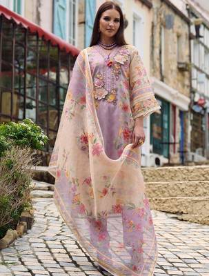 Women Floral Printed Regular Thread Work Linen Kurta with Trousers & With Dupatta 4