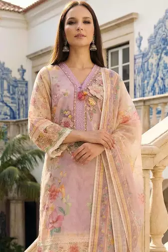 Women Floral Printed Regular Thread Work Linen Kurta with Trousers & With Dupatta