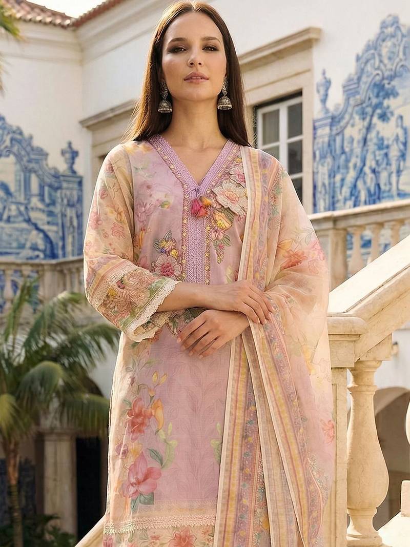 Women Floral Printed Regular Thread Work Linen Kurta with Trousers & With Dupatta