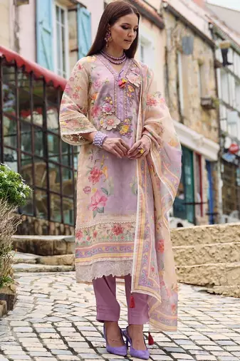 Women Floral Printed Regular Thread Work Linen Kurta with Trousers & With Dupatta